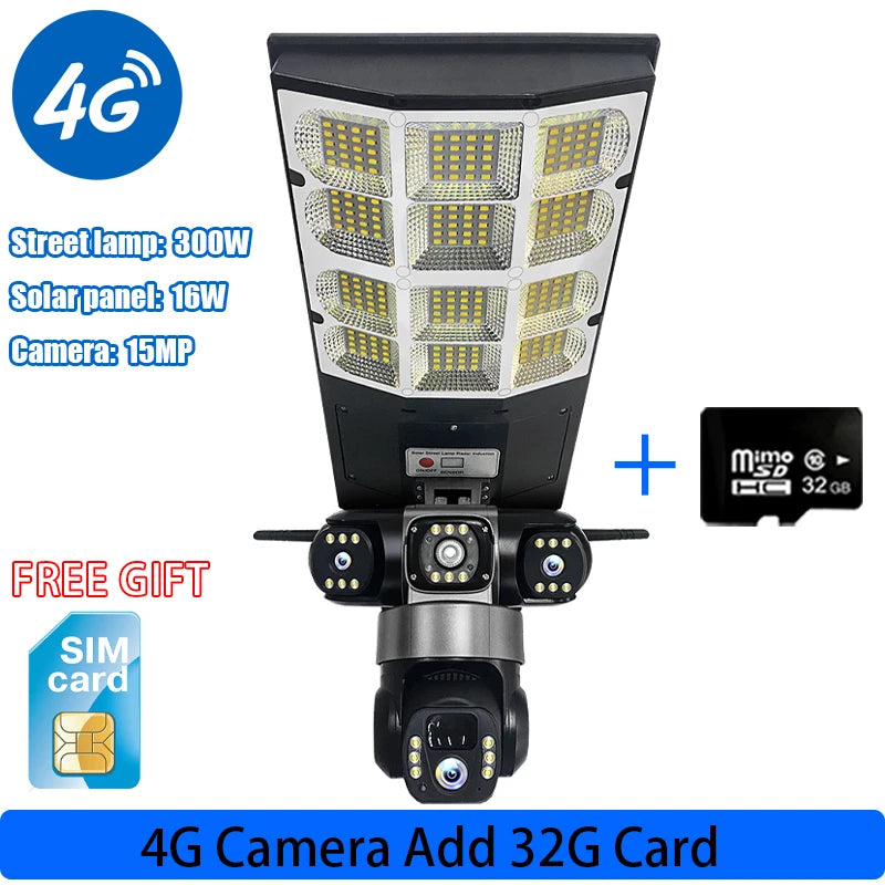 Caméra solaire capteur réverbère LED 3 Modes d'éclairage trois objectifs 4G 15MP caméras de Surveillance extérieure IP66 étanche télécommande