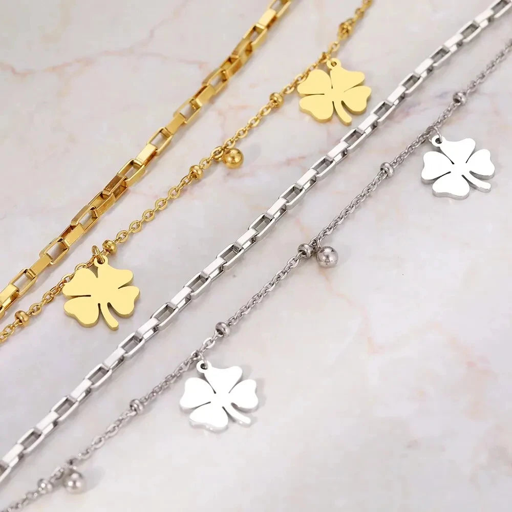 Clearance_Bracelets en acier inoxydable pour femmes, tendance, trèfles fins, pendentif, perles, chaîne en couche, bijoux festifs