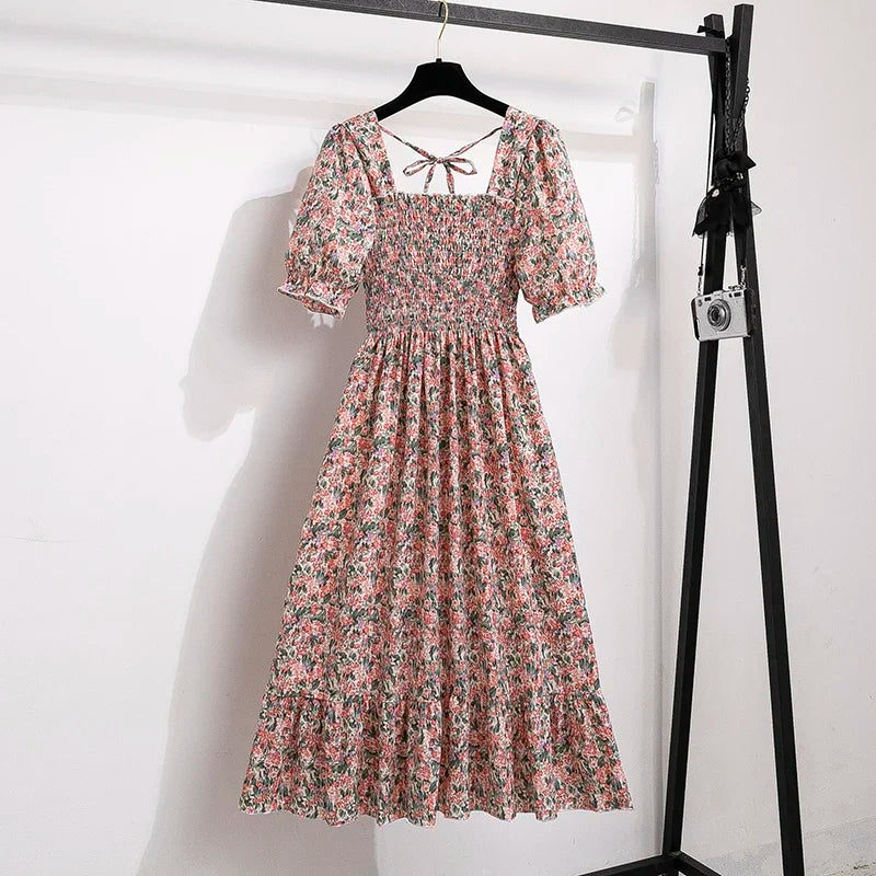 Robes en mousseline de soie pour femmes, mode femme, taille élastique, manches courtes, plissée, tenue décontractée, robes trapèze, printemps été