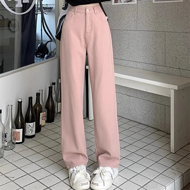 Jean Vintage à jambes larges pour filles, pantalon taille haute, mode féminine, noir, gris, rétro, bleu clair, rose, Denim