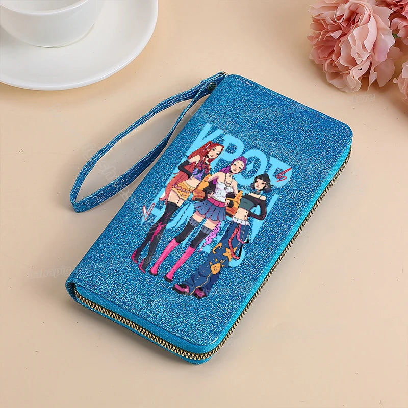 Portefeuille long KPop Demon Hunters pour femmes, à paillettes et fermeture éclair, en cuir PU, porte-monnaie, porte-cartes d'identité, pochette pour femme