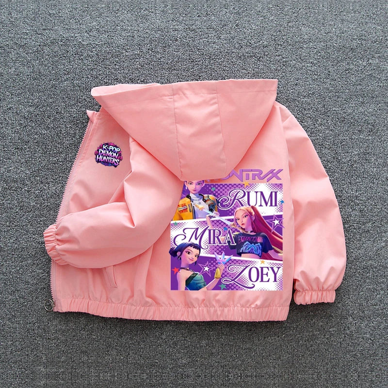 K-pop Demon Hunters 2026 Manteau coupe-vent printemps-automne pour enfants et adolescentes, imprimé dessin animé, veste à capuche imperméable