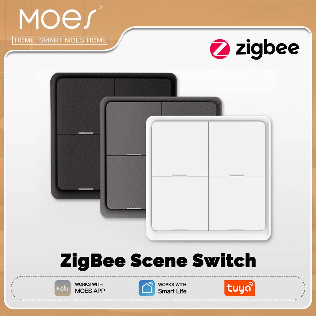 MOES 4 Gang Tuya ZigBee Wireless Scene Switch - 12 Customizable Automation Scenarios, Battery-Powered Push Button Controller for