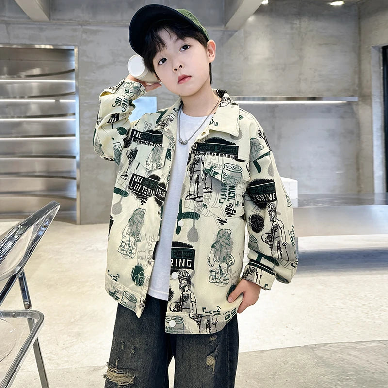 Veste en jean beige tendance printemps-automne pour enfant, dessins pour adolescents, style streetwear, taille 5-14 ans