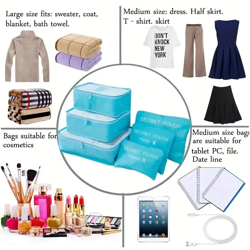 6 pièces/ensemble rose/bleu/gris sac de rangement de voyage grande capacité étanche bagages vêtements sous-vêtements sac de rangement sac avec fermeture éclair