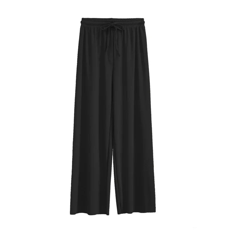 Pantalon à jambes larges pour femmes, longueur cheville, décontracté, couleur unie, taille élastique, ample, en soie glacée, printemps été