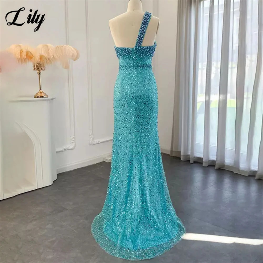 Robe de bal Lily Blue somptueuse ornée de strass, robe de soirée asymétrique sans manches, perles et sequins, robe sirène sur mesure
