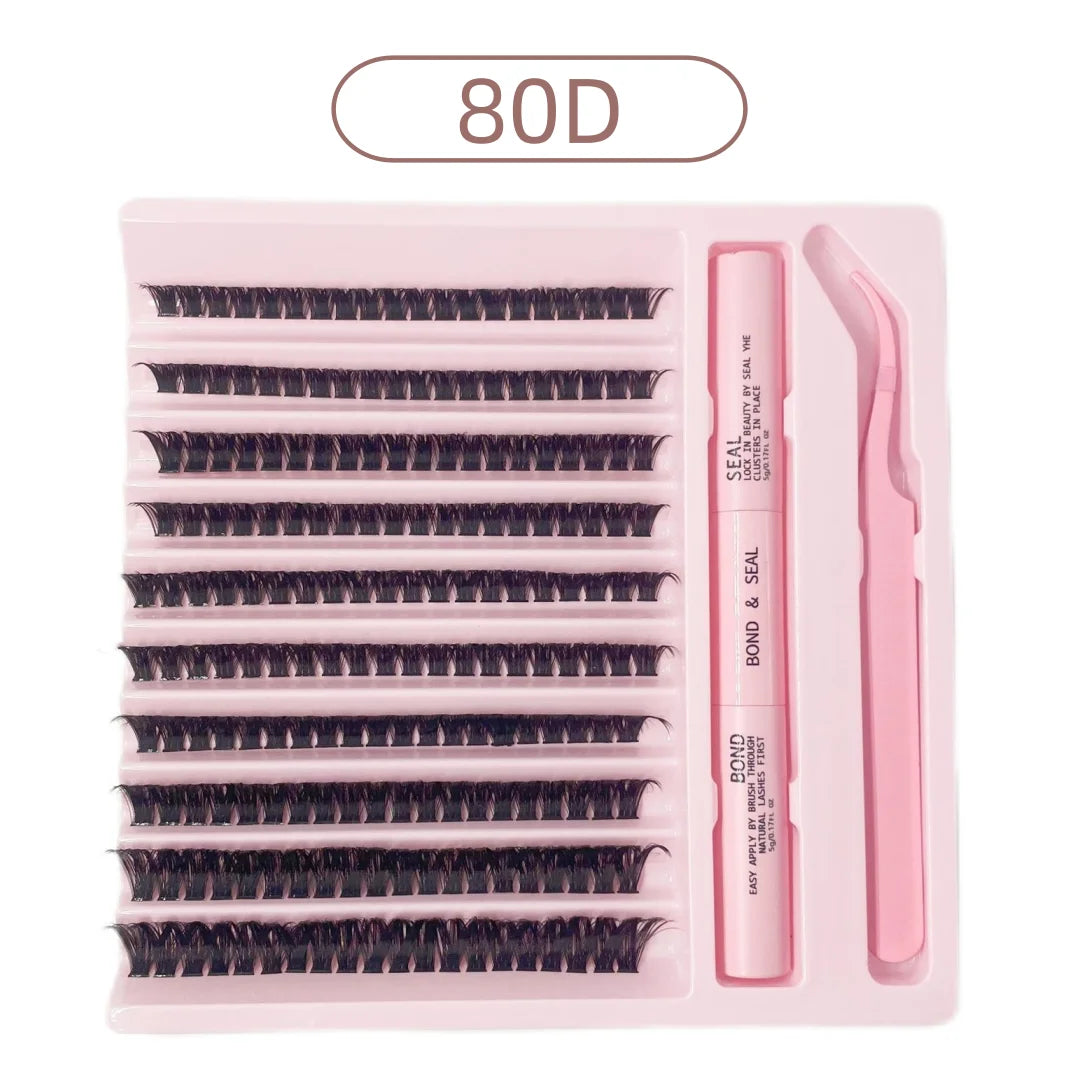 DiY Cluster Lashes Kit 200 Pcs: 8-16mm Mixed, Bond & Seal Glue, Tweezers for Natural Self Application Look