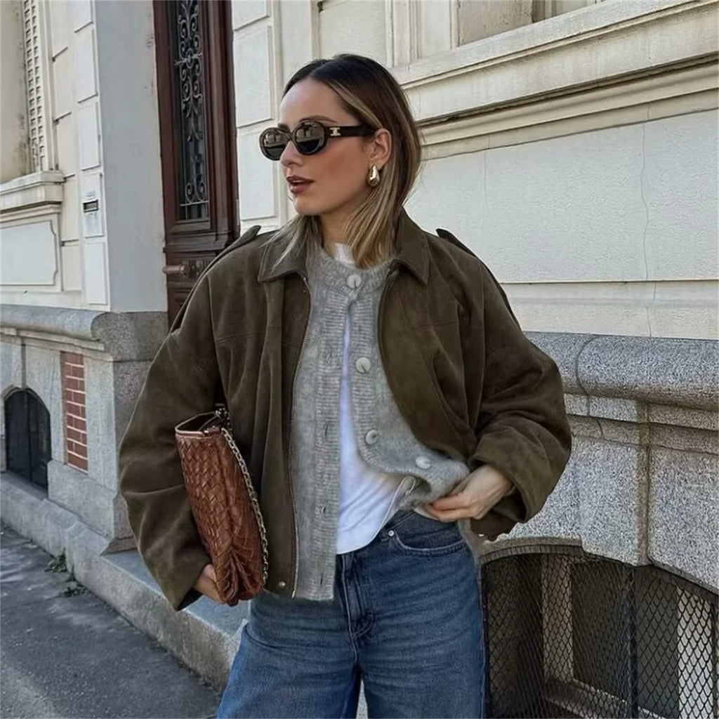 Vestes bombers élégantes pour femmes, style militaire, col rabattu, manches longues, coupe ample, vêtements d'extérieur vintage, hauts chics