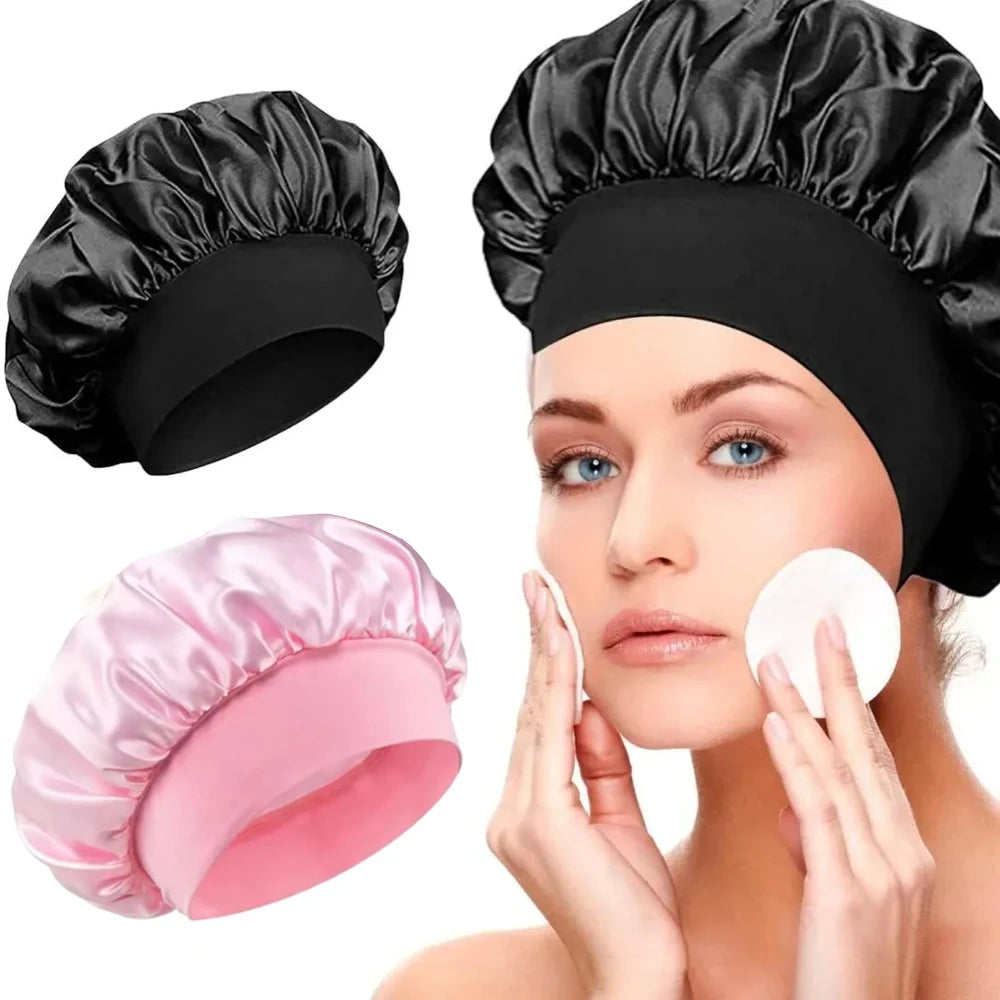 Bonnets en satin de soie pour femmes et hommes - Bonnet élastique à large bande pour cheveux bouclés - Bonnet de douche pour dormir, outil pour perruque