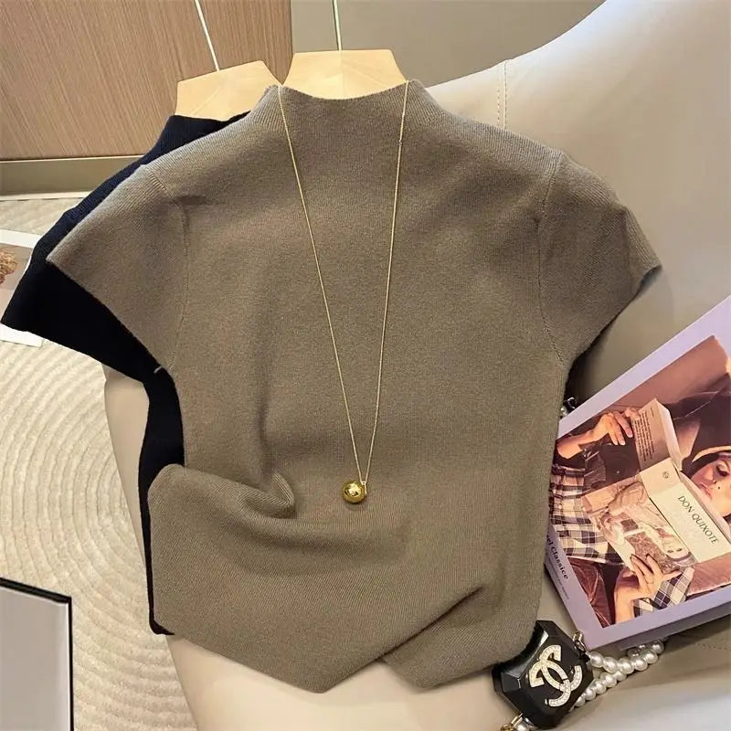 Pull d'été basique à col roulé, uni, fin, pour femme, en maille, coupe ajustée, manches courtes