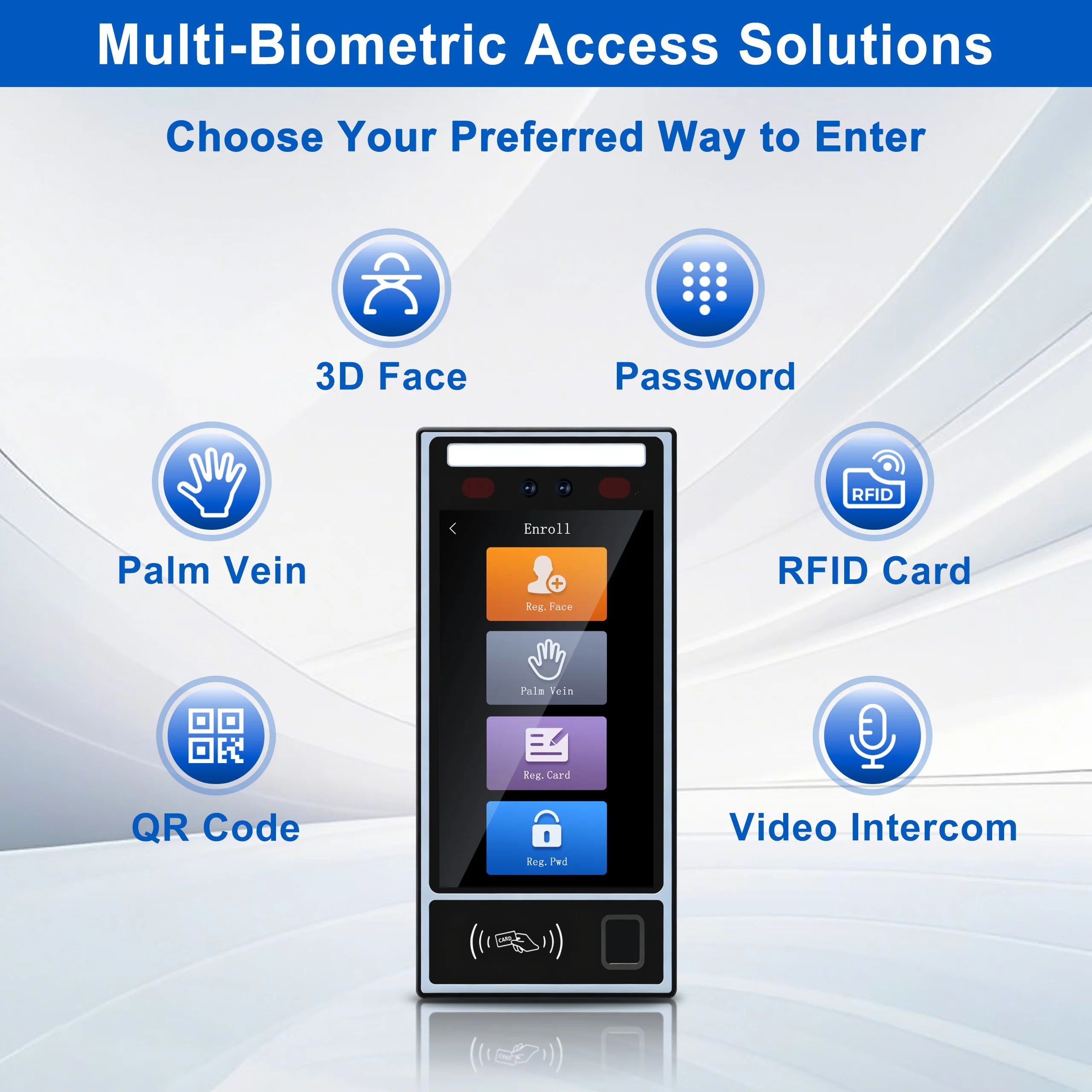 Terminal de contrôle d'accès et de présence multi-biométrique 8 pouces - Reconnaissance faciale, empreinte digitale et veine palmaire, Wi-Fi 4G TCP/IP