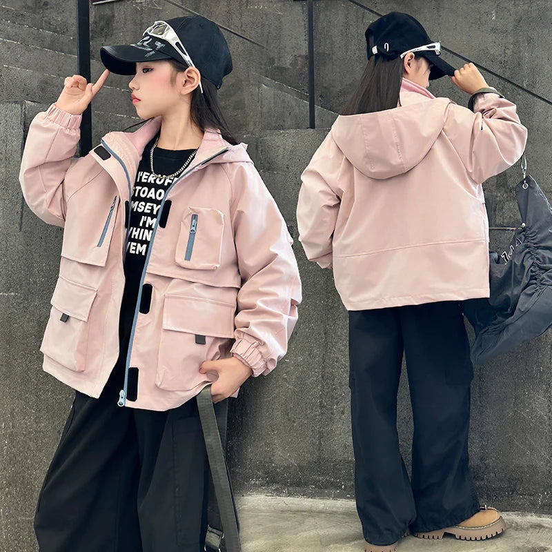 Veste à capuche pour enfant de 4 à 14 ans, ensemble deux pièces pour fille, vêtement d'extérieur sportif pour enfant, style printemps-automne, chaude