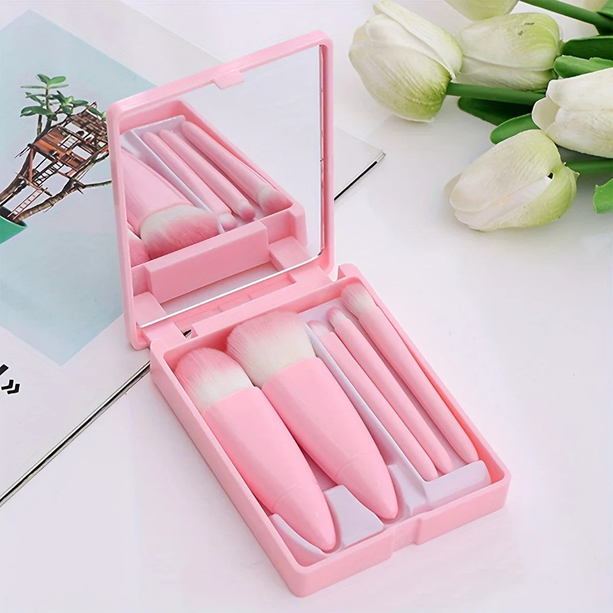 5 PCs Cosmetic Brush Portable Makeup Brush Travel With Mirror Box Makeup Set Brush Loose Brush Blush Brush Eyeshadow Brush