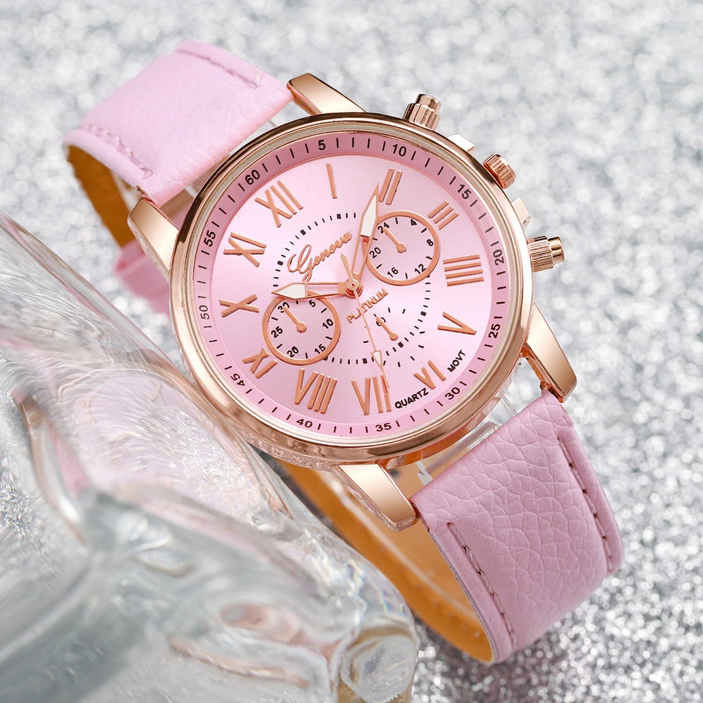 Ensemble de 5 montres pour femmes, style Genève, avec bracelet en cuir décontracté et strass en forme de cœur (sans boîte)