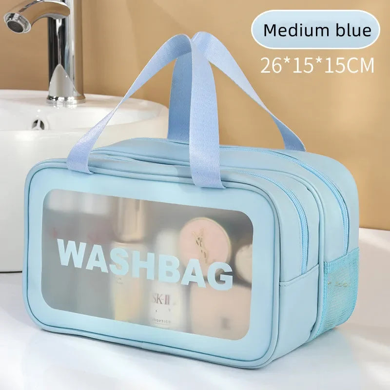 Sac de maquillage en PU transparent double séparation sec-humide, sac de lavage portable, sac de rangement pour cosmétiques, voyage, fitness, natation, essentiels
