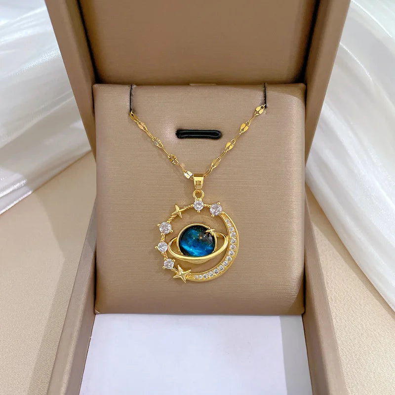 Light Luxury Titanium Steel Star Series Necklace for Women Gold Color Planet Moon Astronaut Pendant Necklaces Jewelry Gifts