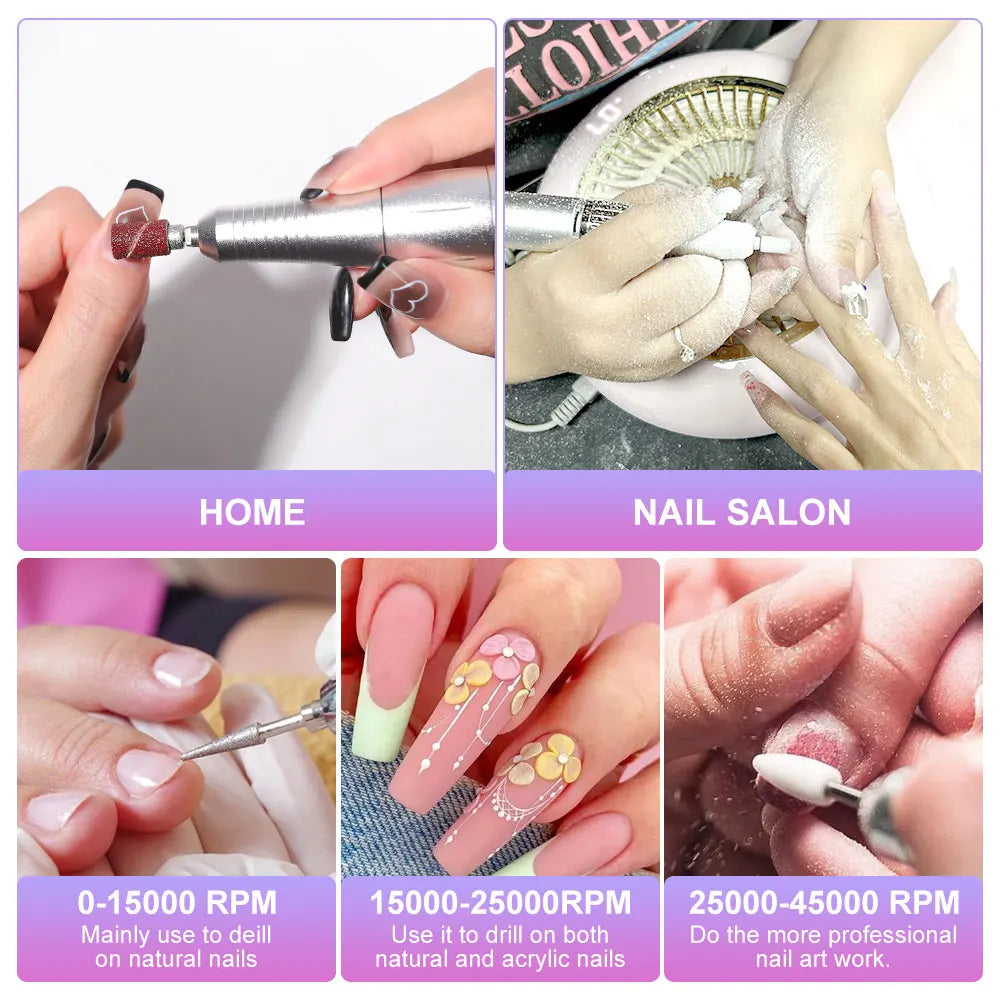 Ponceuse à ongles rechargeable 45 000 tr/min avec écran LCD, faible niveau sonore, ponceuse à ongles professionnelle et kit d'accessoires pour ongles
