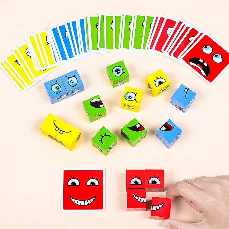 Grand jeu de construction en bois avec puzzle d'émoticônes et émoticônes pour enfants. Idéal pour apprendre et apprendre