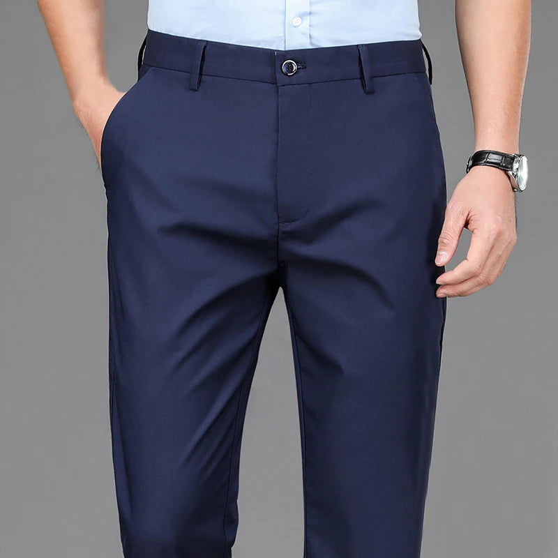 Pantalon homme stretch noir uni, coupe droite, style coréen, séchage rapide, idéal pour le bureau ou le printemps/automne