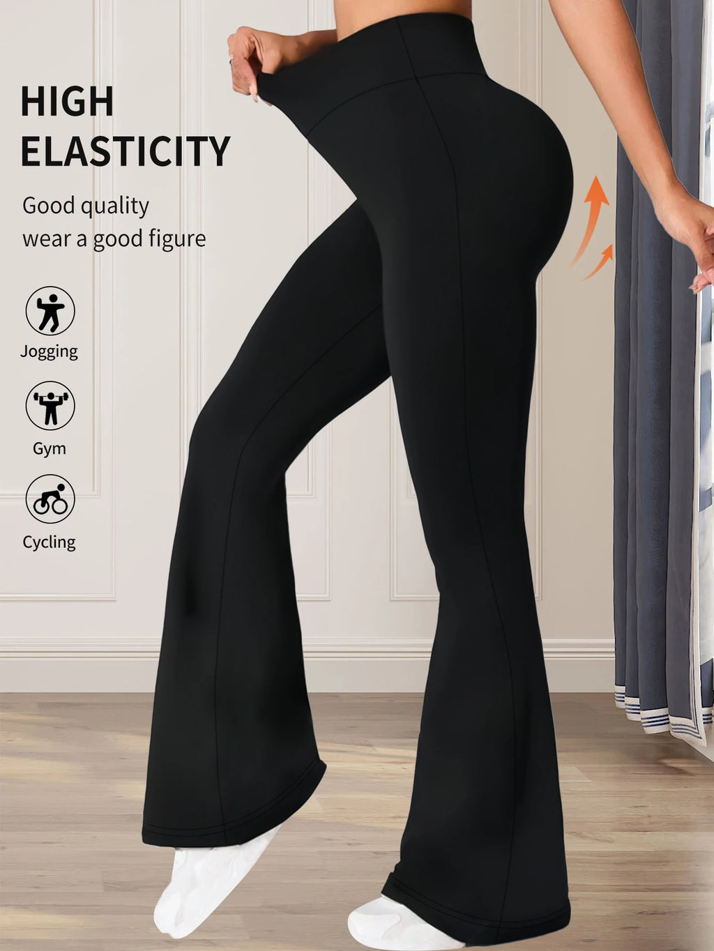 Pantalon évasé taille haute moulant pour femme, idéal pour le printemps et l'été ; pantalon noir long à jambes fines et larges pour femmes minces