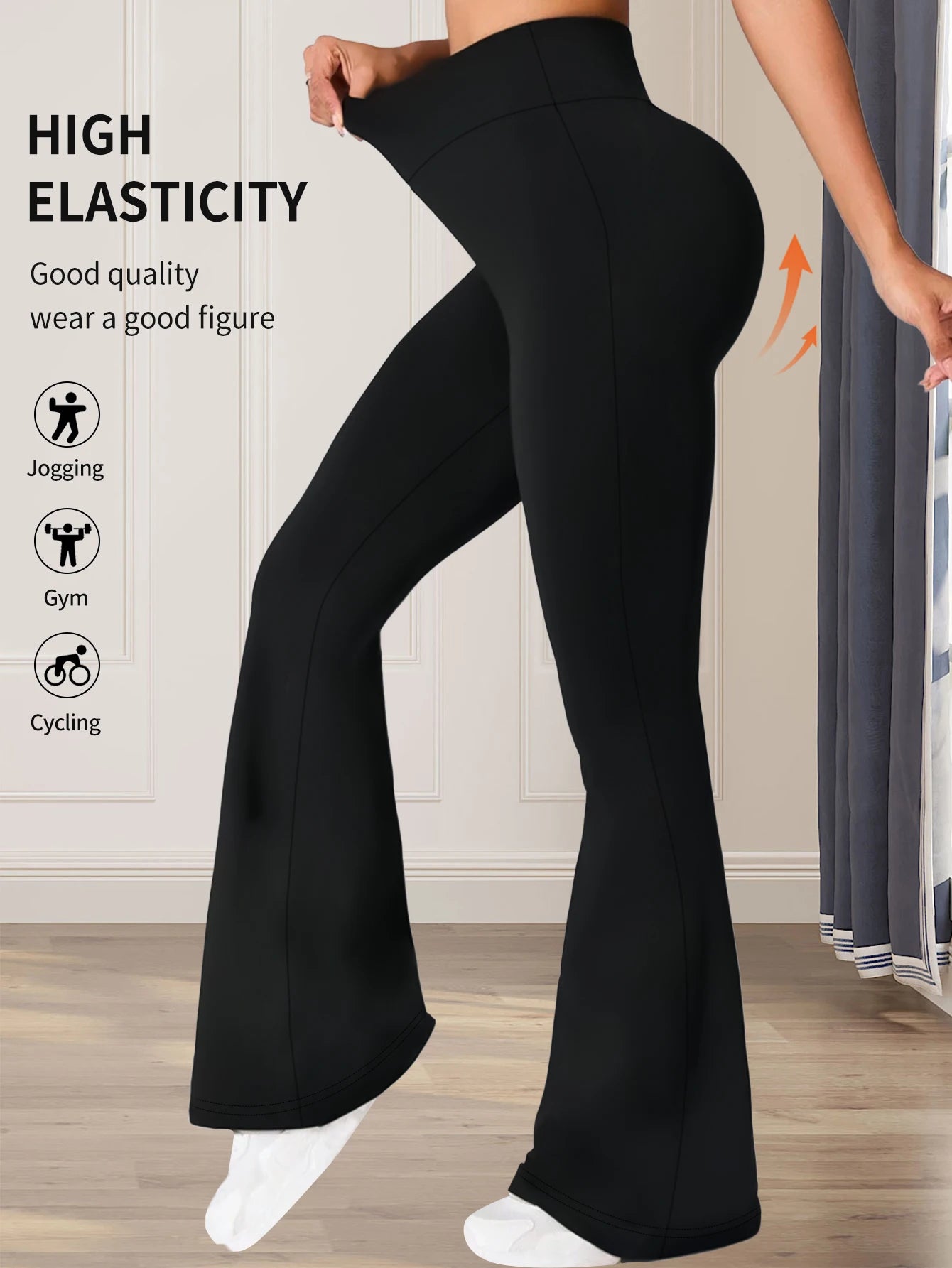 Pantalon évasé taille haute moulant pour femme, idéal pour le printemps et l'été ; pantalon noir long à jambes fines et larges pour femmes minces