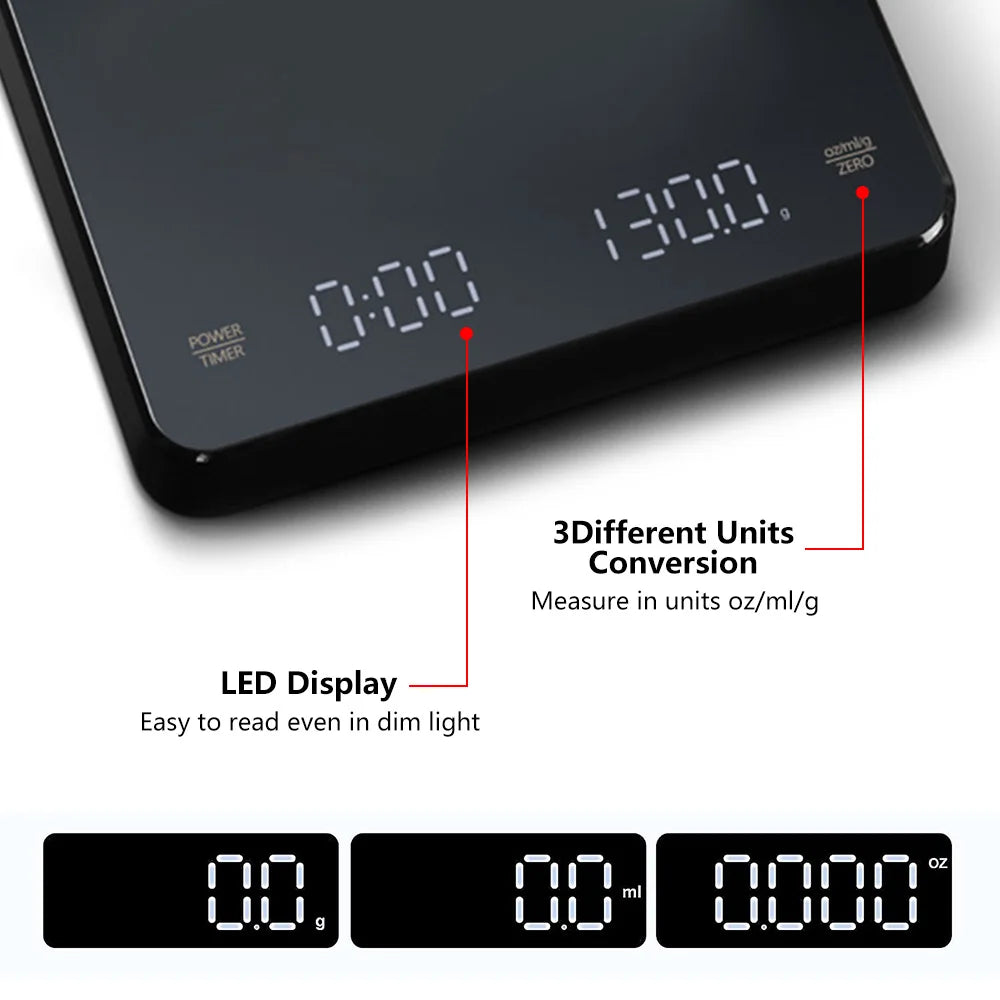 Balance de cuisine numérique avec minuteur, écran LED, port USB, capacité maximale de 3 kg, précision de pesée de 0,1 g, mesures en oz/ml/g.