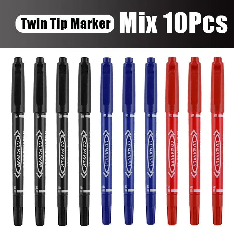 Lot de 5 ou 10 marqueurs permanents à encre noire, bleue et rouge, à double pointe fine. Articles de papeterie pour l'école et le bureau