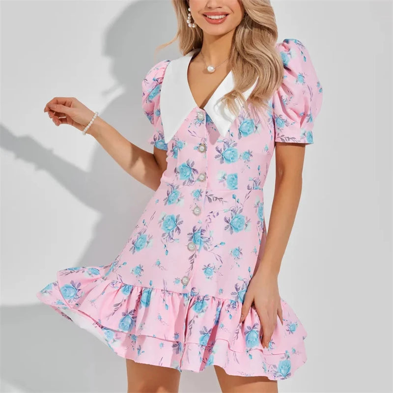 Tornova imprimé manches bouffantes robe à volants femmes col en v taille haute perles boutons Mini robe femme décontracté vacances robe de mode