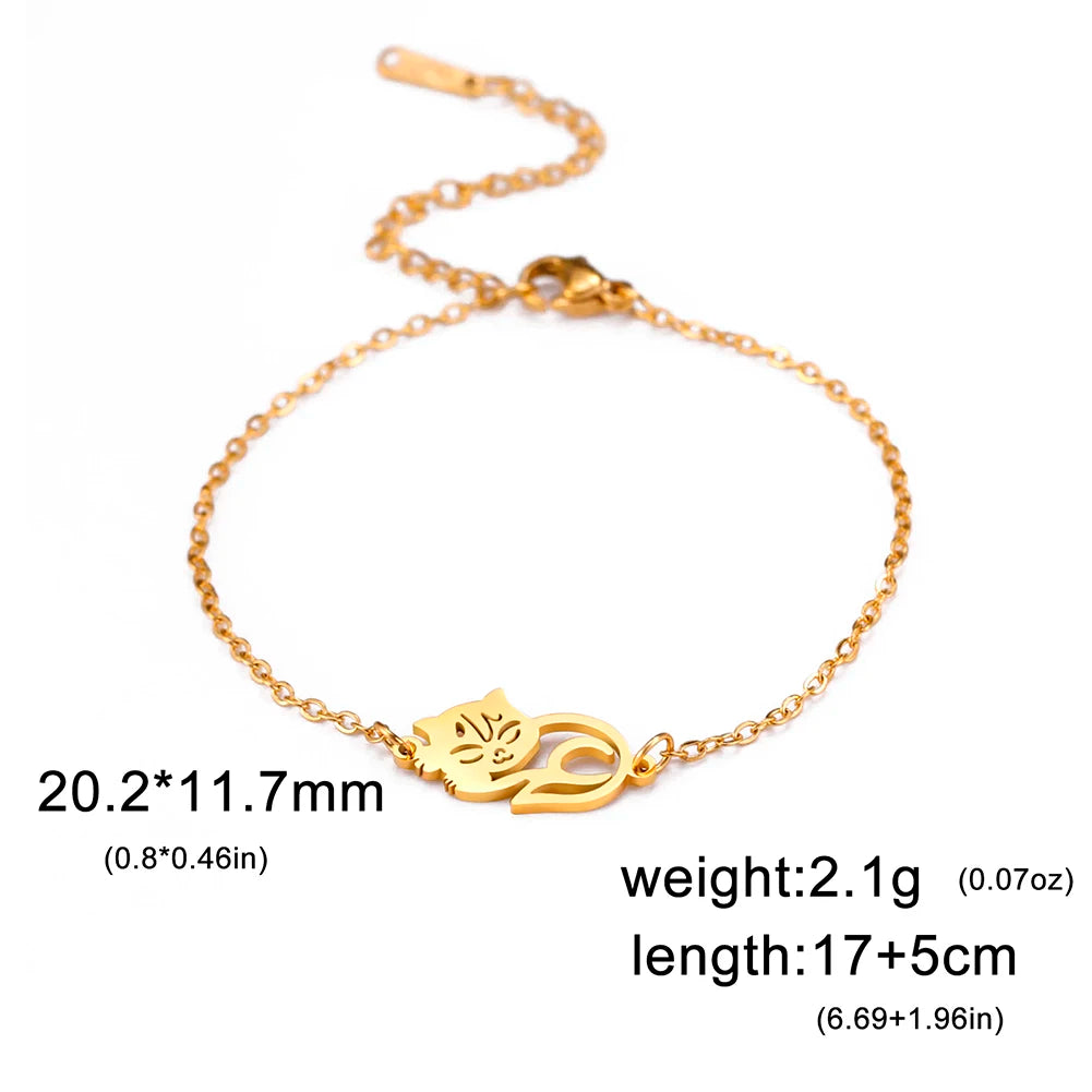 Bracelet Lucktune Chat Mignon en Acier Inoxydable avec Pendentif Animal et Chaîne à Perles - Bijou Tendance Kpop pour Femmes et Hommes - Cadeau Couple