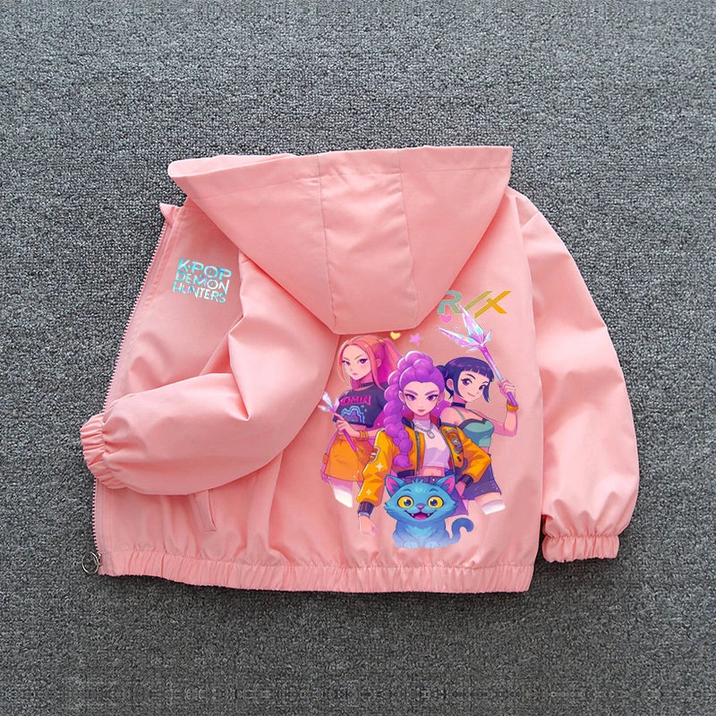 K-pop Demon Hunters 2026 Manteau coupe-vent printemps-automne pour enfants et adolescentes, imprimé dessin animé, veste à capuche imperméable