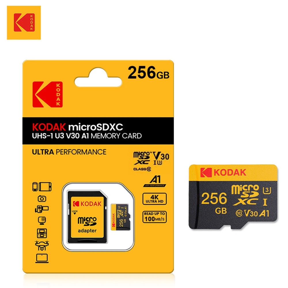 Carte mémoire KODAK Micro SD 512 Go 256 Go, jusqu'à 100 Mo/s, C10 U3, 32 Go 64 Go 128 Go, compatible 4K HD, pour lecteur de cartes USB et adaptateur MicroSD