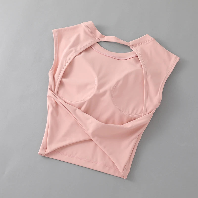 T-shirt de sport court, dos nu, avec coussinet de poitrine fixe, gilet moulant pour femmes, haut de yoga sans manches à séchage rapide