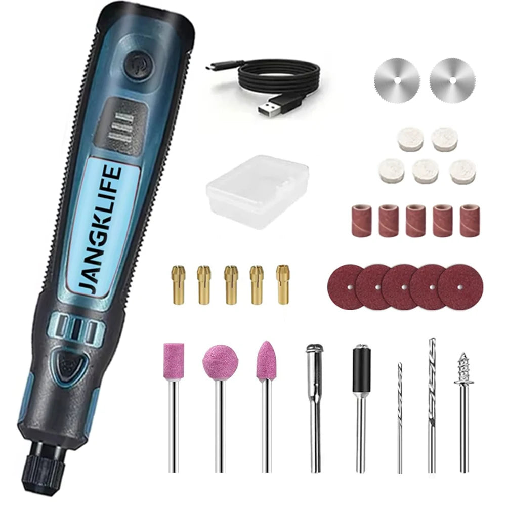 JANGKLIFE Kit d'outils rotatifs sans fil USB stylo de gravure sur bois bricolage pour bijoux métal verre Mini perceuse sans fil