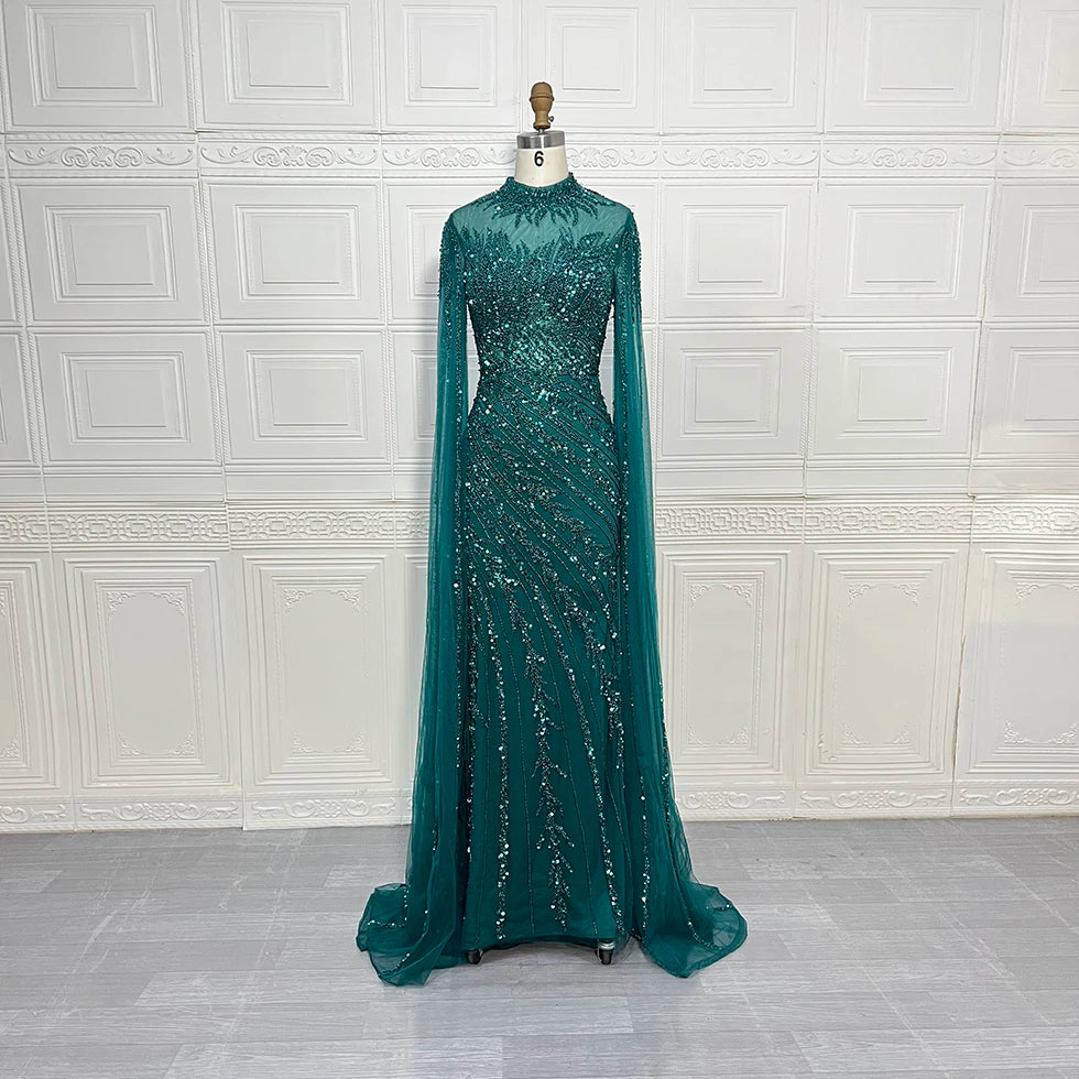 Robes de soirée de luxe sirène à manches cape perlées et col montant, collection 2025 à Dubaï, pour femmes, mariages et autres occasions spéciales