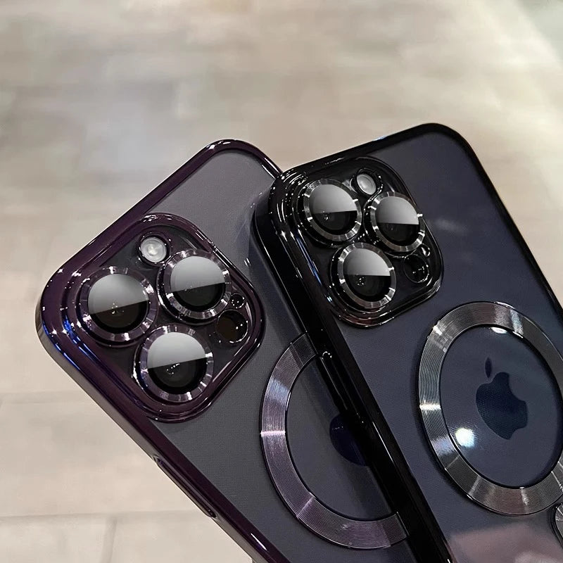 Étui transparent de luxe avec revêtement magnétique pour iPhone 11, 12, 13, 14, 15, 16, 17, Pro Max et Air Plus, compatible avec la recharge sans fil MagSafe et résistant aux chocs