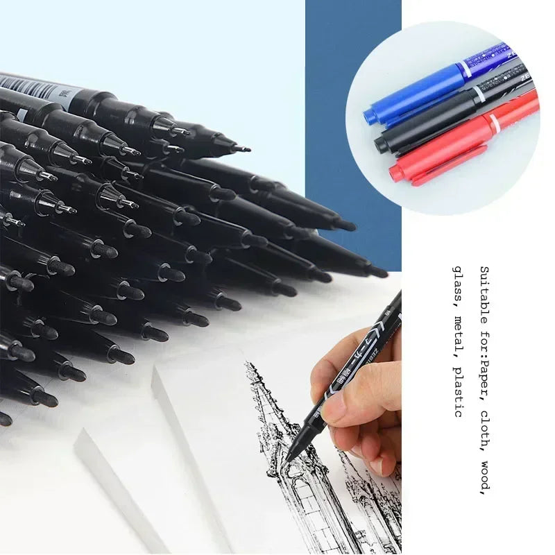 Lot de 5 ou 10 marqueurs permanents à encre noire, bleue et rouge, à double pointe fine. Articles de papeterie pour l'école et le bureau