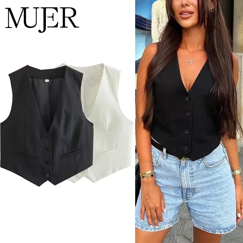 MUJER Gilet Femme Noir Blanc Gilet Court Top Femmes Col en V Gilet sans Manches Femme Mode Travail Costume D'été Gilet Manteaux Courts