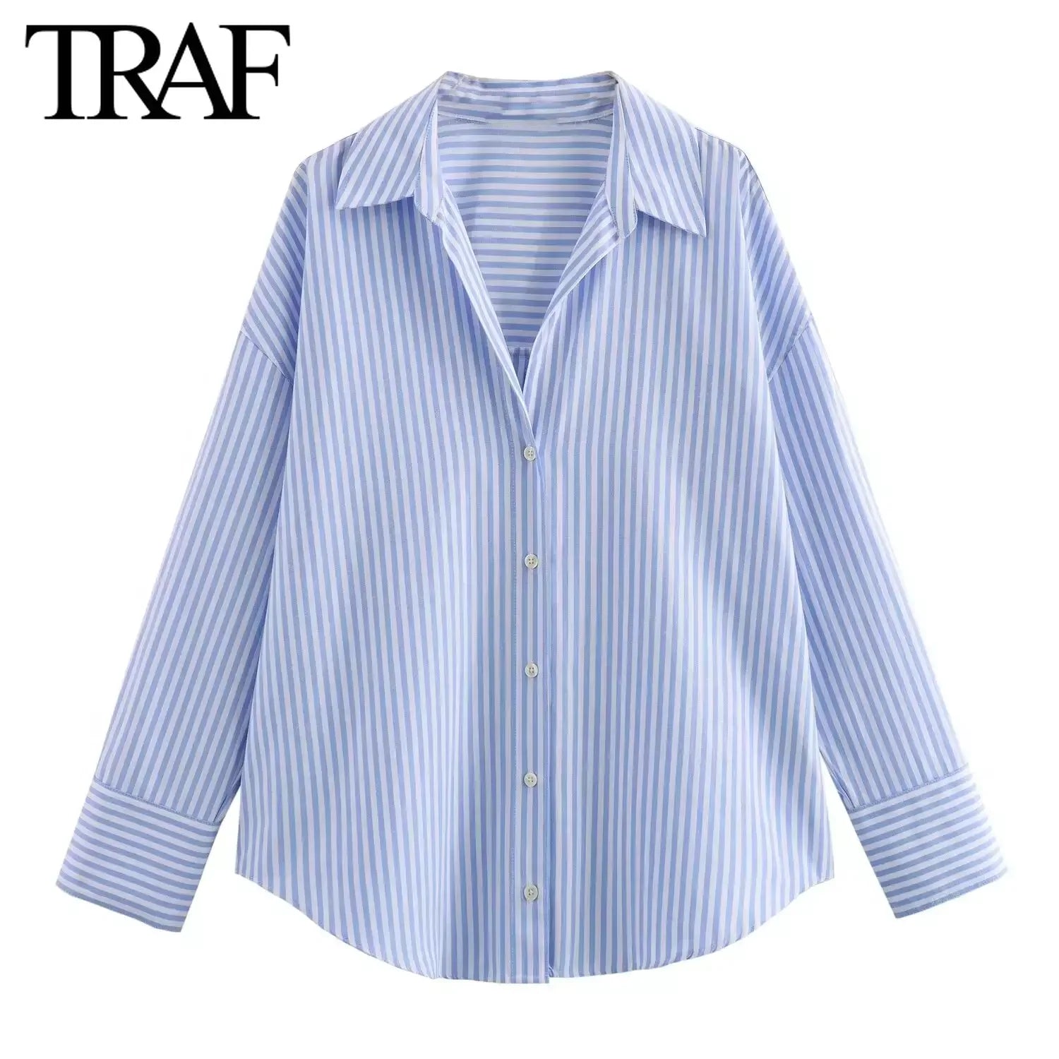 TRAF femmes mode printemps coton Oxford à manches longues simple boutonnage revers Blouse vêtements de rue chemise Chic dames hauts Mujer