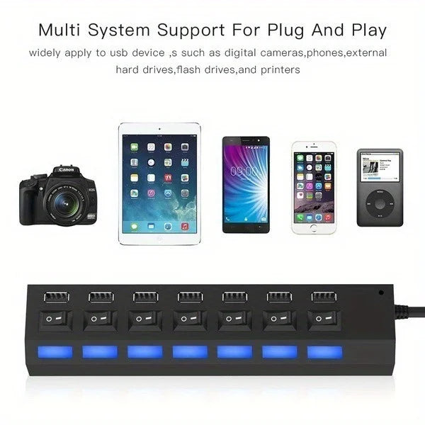 USB Hub Splitter With Individual Switch USB 4/7 Port Splitter Individual Switch USB Adapter Hub Multi-Port Socket Powered ON/OFF