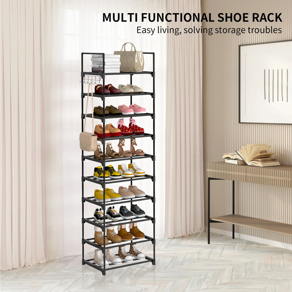 Étagère à chaussures EFAN, rangement à chaussures en métal à 10 niveaux, design personnalisable, structure métallique, étagère gain de place, pour chambre ou couloir.