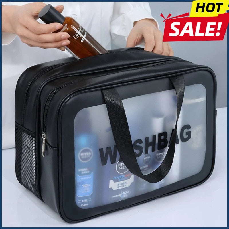 Sac de maquillage en PU transparent double séparation sec-humide, sac de lavage portable, sac de rangement pour cosmétiques, voyage, fitness, natation, essentiels