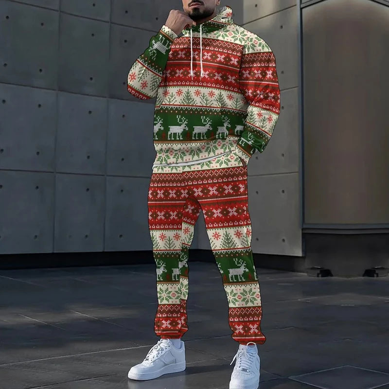 2025 Noël 3D Imprimer Sweat à capuche à manches longues Ensemble Automne Hiver Casual Hommes Deux Pièces Survêtement Mode Lâche Festival Costume De Fête