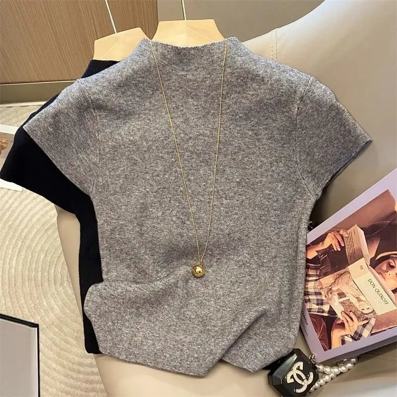 Pull d'été basique à col roulé, uni, fin, pour femme, en maille, coupe ajustée, manches courtes