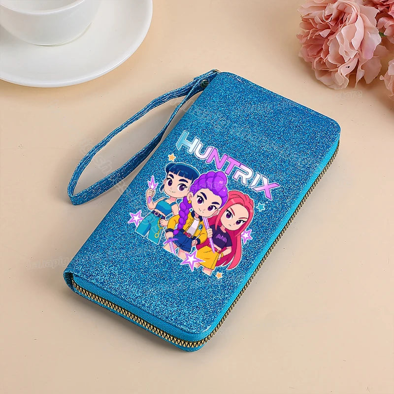 Portefeuille long KPop Demon Hunters pour femmes, à paillettes et fermeture éclair, en cuir PU, porte-monnaie, porte-cartes d'identité, pochette pour femme