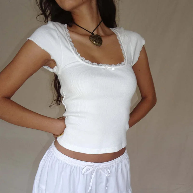 Y2k Vintage Bébé T-Shirt Cottage Dentelle Tricoté T-Shirt D'été Col Carré Manches Courtes T-Shirt Femmes Blanc Laitière Haut Court