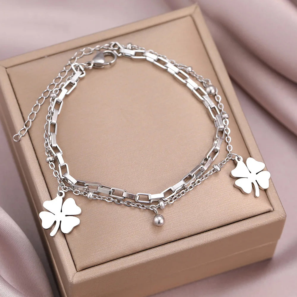 Clearance_Bracelets en acier inoxydable pour femmes, tendance, trèfles fins, pendentif, perles, chaîne en couche, bijoux festifs