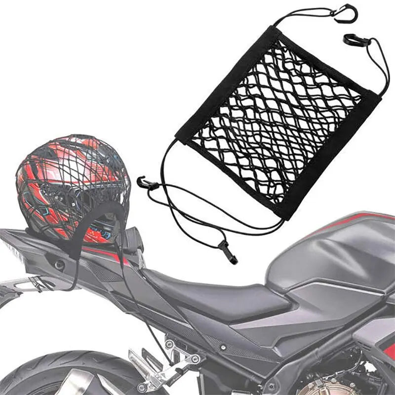 Filet de rangement pour moto, double couche, haute élasticité, 25 x 28 cm, avec crochets, idéal pour ranger un casque ou des bagages.