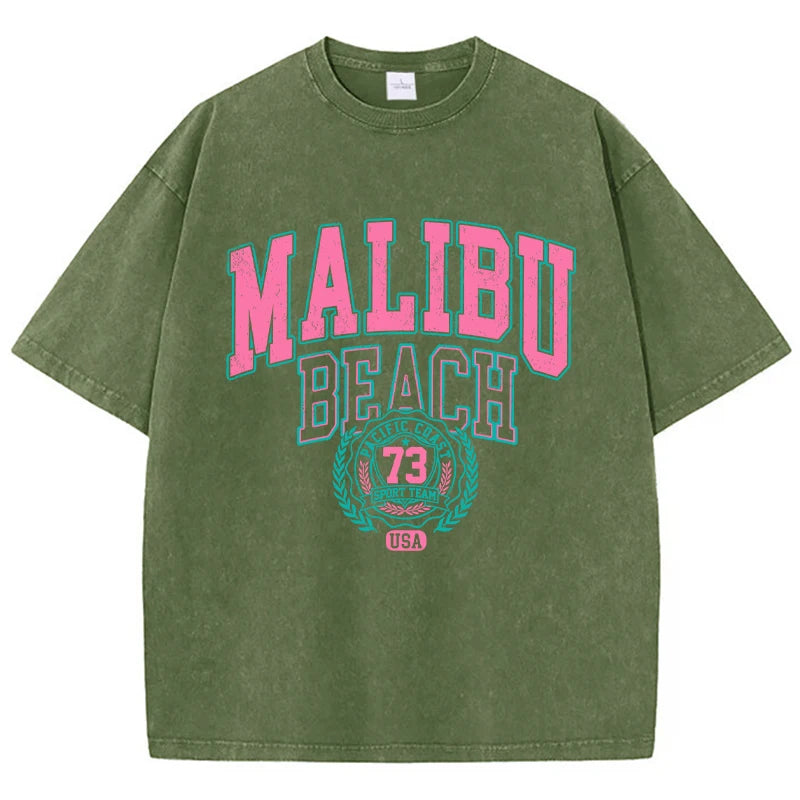 Malibu Beach T-Shirt lavé femmes lettre impression coton T-Shirt confortable col rond hauts décontracté surdimensionné t-shirts vêtements féminins