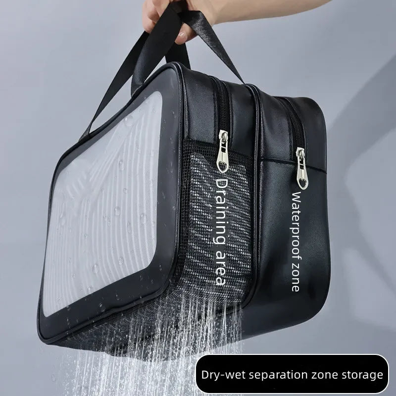 Sac de maquillage en PU transparent double séparation sec-humide, sac de lavage portable, sac de rangement pour cosmétiques, voyage, fitness, natation, essentiels
